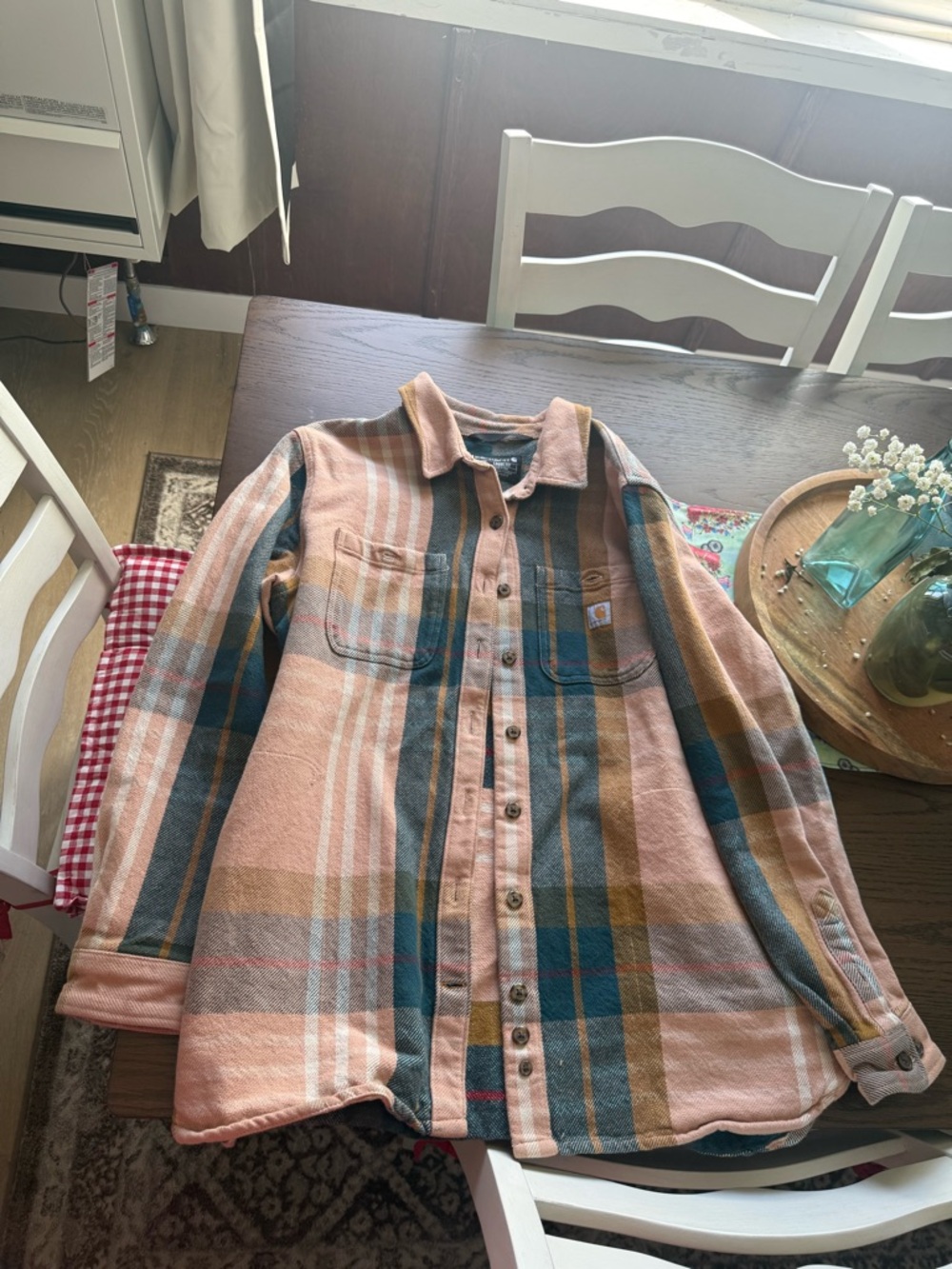 Carhartt Pink Plaid Flannel Shacket with Teal and Brown Stripes